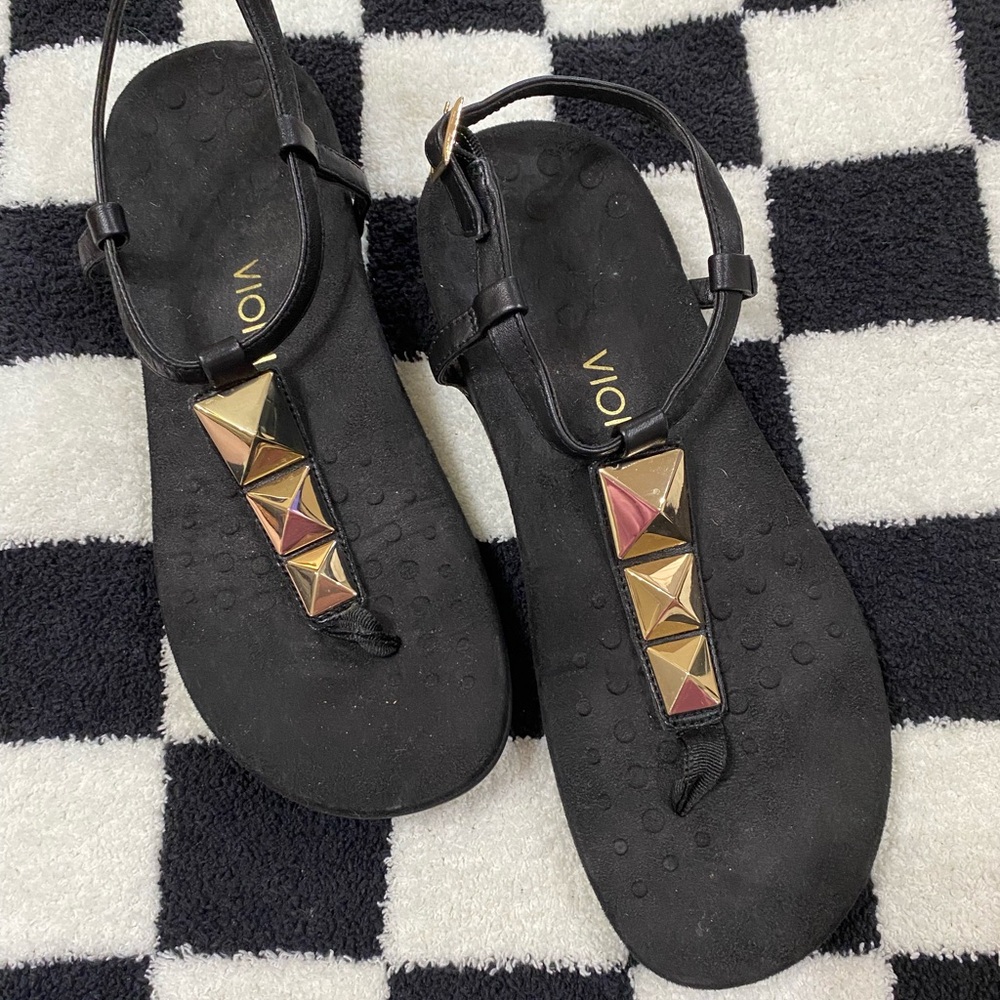 Vionic Black and Gold Studded Sandals | Size 8